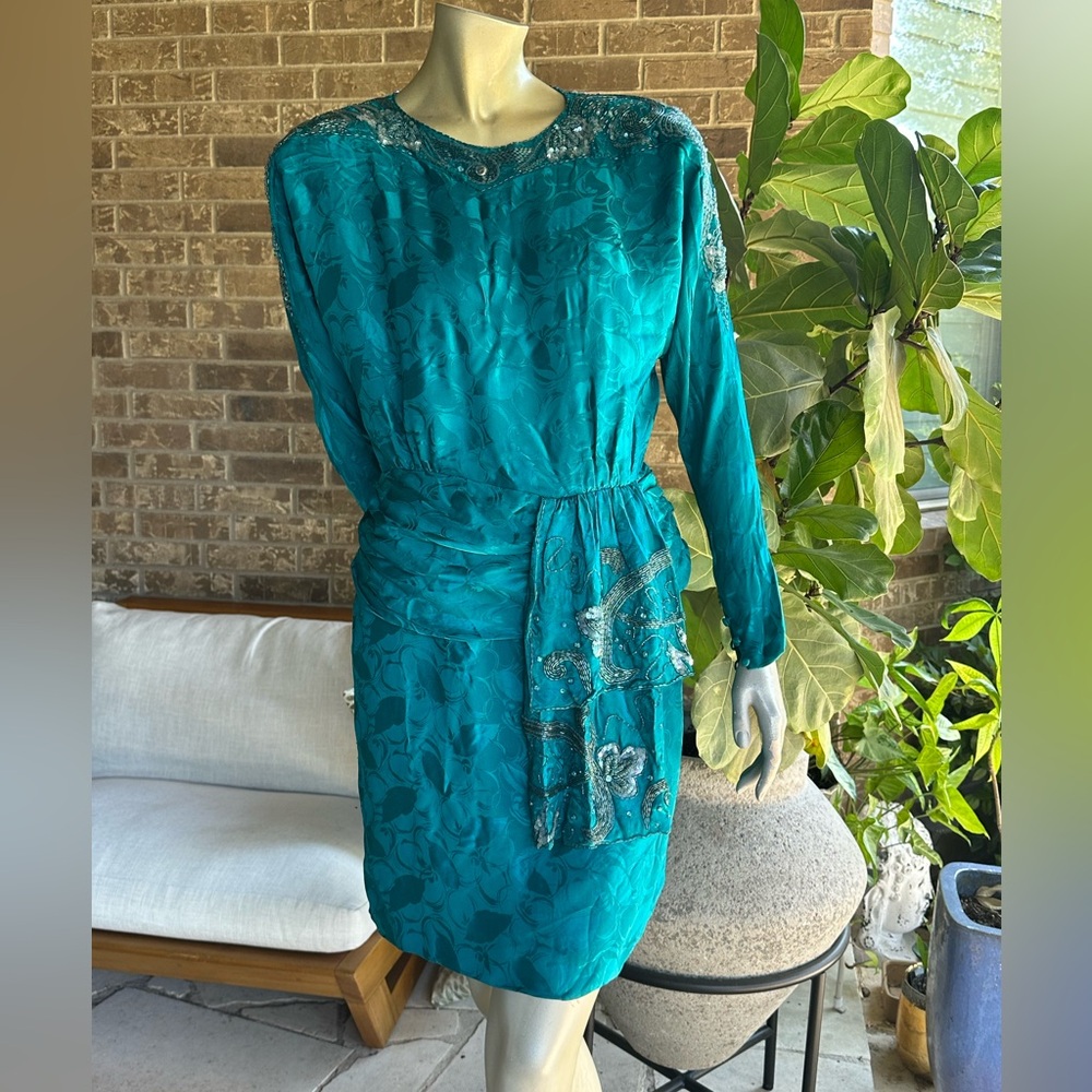 Vintage 1980’s Jade Sequin Silk Dress-6 Stunner!